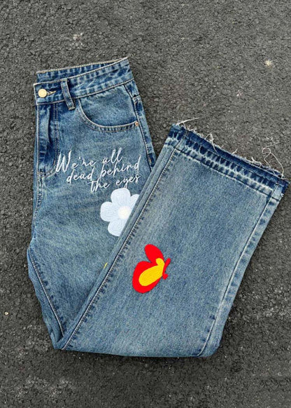 Casual Denim Blue Embroideried Floral High Waist Pants SA006