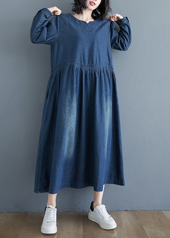 Casual Denim Blue Patchwork Long Dress Long Sleeve GH1072