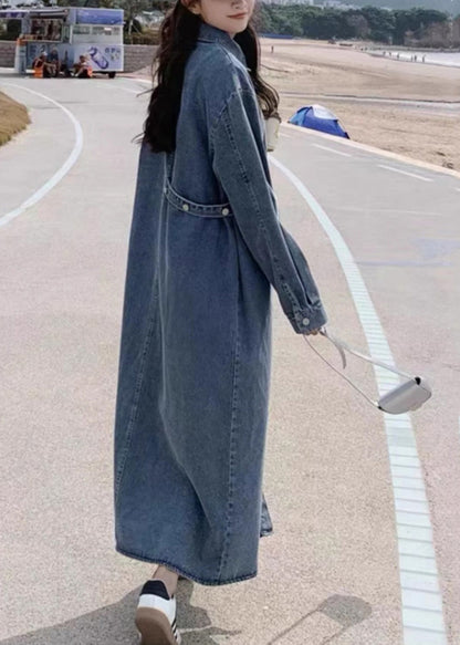 Casual Denim Blue Peter Pan Collar Patchwork Button Long Dress Fall RP003