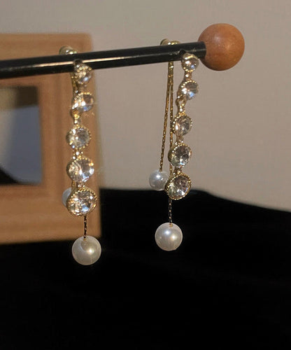 Copper Tassel Earrings Gold Drop Zircon Casual Pearl Alloy