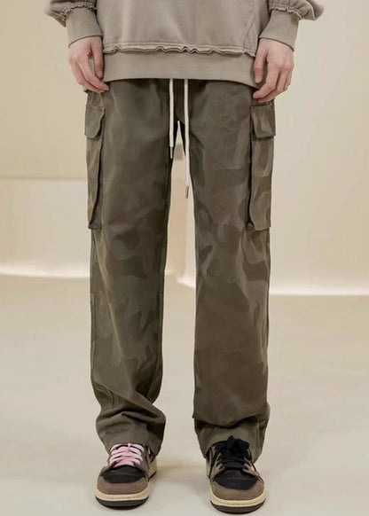 Casual Camouflage Pants Embroideried Green Pockets Mens Cotton