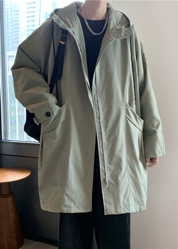 Casual Green Hooded Zippered Pockets Cotton Men Coat Spring YQ015