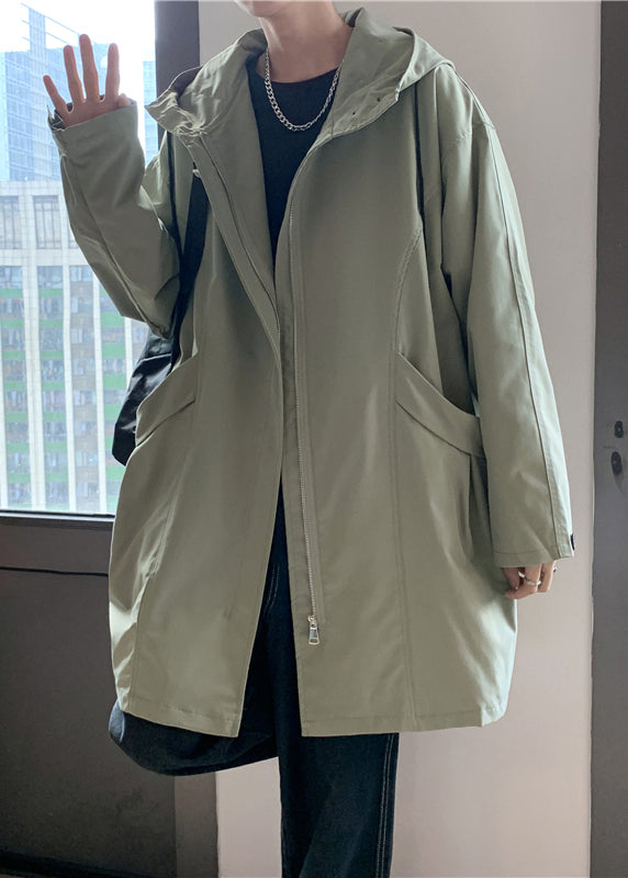 Casual Green Hooded Zippered Pockets Cotton Men Coat Spring YQ015