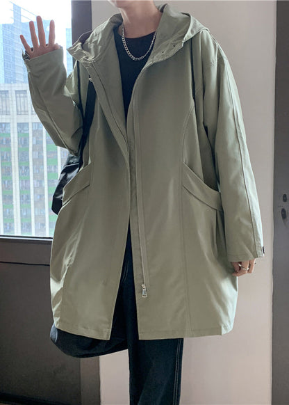 Casual Green Hooded Zippered Pockets Cotton Men Coat Spring YQ015