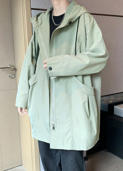 Casual Green Hooded Zippered Pockets Cotton Men Coat Spring YQ015