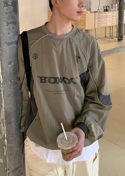 Shirt T Letter Cotton Casual Drawstring Patchwork Green Mens