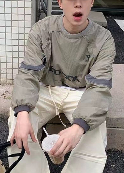 Shirt T Letter Cotton Casual Drawstring Patchwork Green Mens