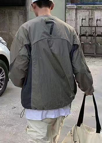 Shirt T Letter Cotton Casual Drawstring Patchwork Green Mens