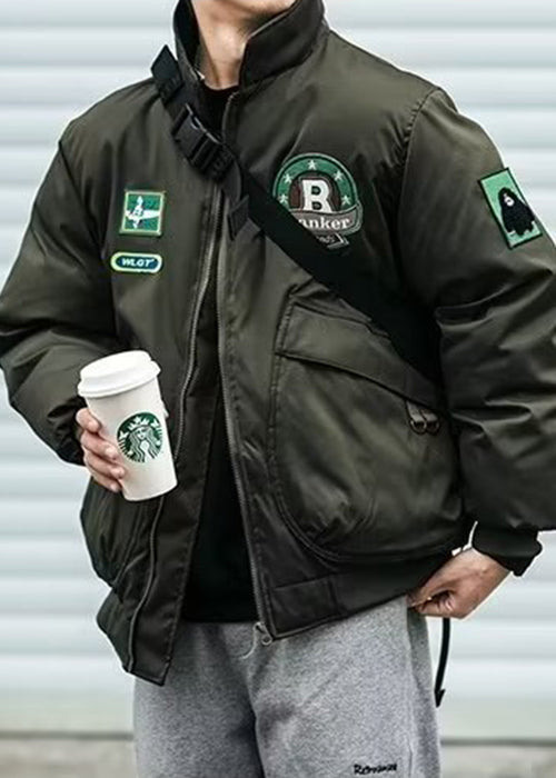 Pockets Stand Parkas Casual Men Collar Green TC003 Patch Spring