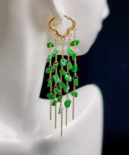 Casual Green Sterling Silver 14K Gold Jade Tassel Drop Earrings KX1003