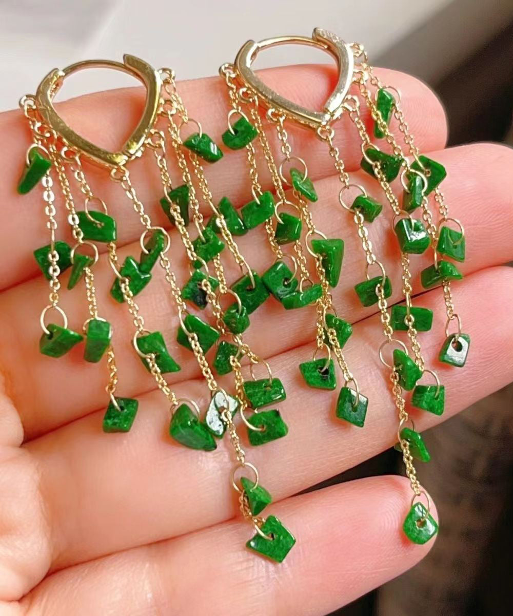 Casual Green Sterling Silver 14K Gold Jade Tassel Drop Earrings KX1003