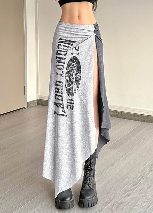 Casual Wrinkled Asymmetrical Tassel Maxi Graphic Skirts Grey