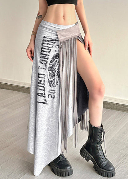 Casual Wrinkled Asymmetrical Tassel Maxi Graphic Skirts Grey
