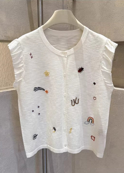 Sleeveless Casual Embroideried Button Down Cotton Grey Vests