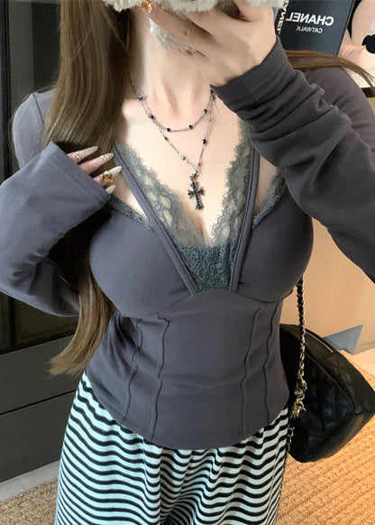 Casual Grey Patchwork Lace Halter Tops Spring YF024