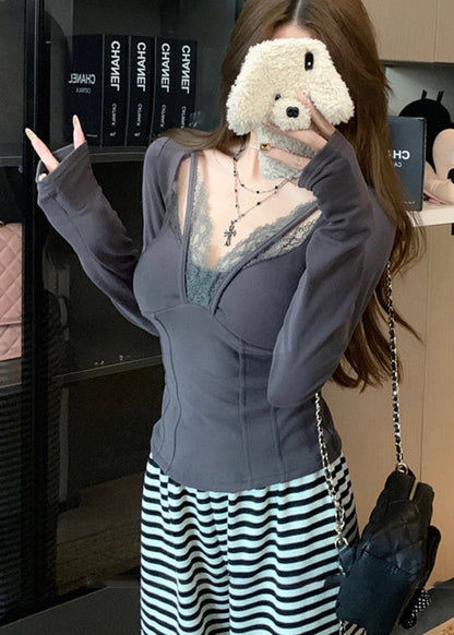 Casual Grey Patchwork Lace Halter Tops Spring YF024