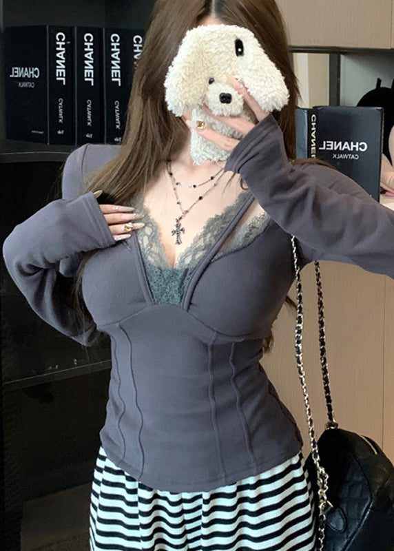 Casual Grey Patchwork Lace Halter Tops Spring YF024