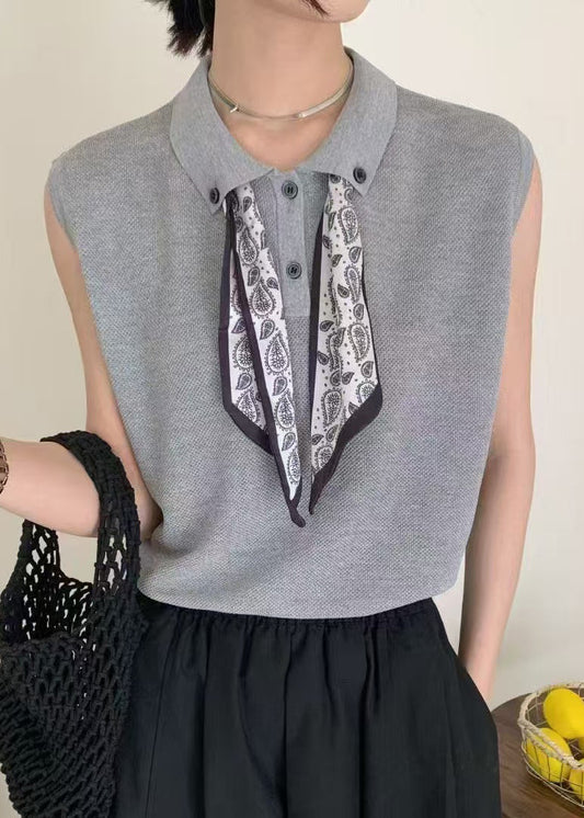 Collar Peter Knit Grey Shirt Scarves Pan Casual Top Sleeveless