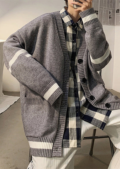 Cardigans Mens Spring Casual Pockets Knit Grey Striped