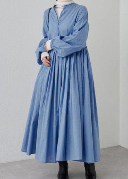 Casual Grey Wrinkled Patchwork Cotton Dresses Lantern Sleeve TL029