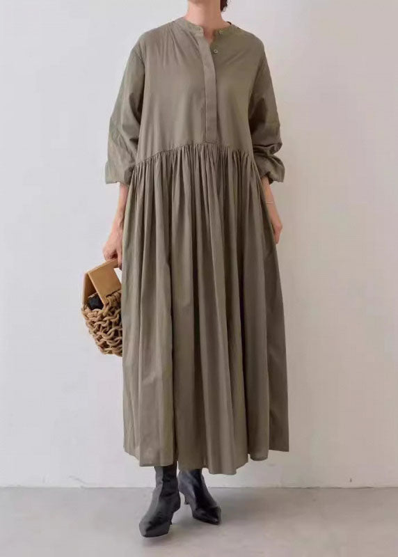 Casual Grey Wrinkled Patchwork Cotton Dresses Lantern Sleeve TL029