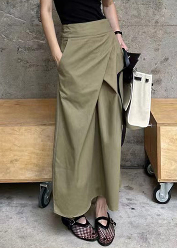 High Khaki Pockets Waist Casual Maxi Asymmetrical Patchwork Skirt