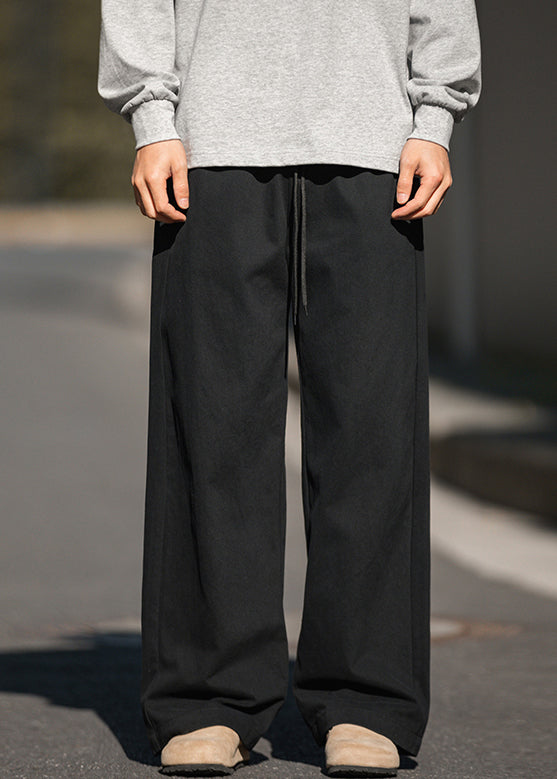 Men Wide Cotton Embroideried Khaki Leg Pants Pockets Casual