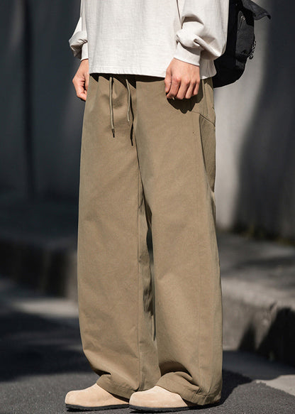 Men Wide Cotton Embroideried Khaki Leg Pants Pockets Casual