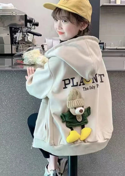 Casual Khaki Graphic Zippered Kids Hoodies Outwear Fall QV049