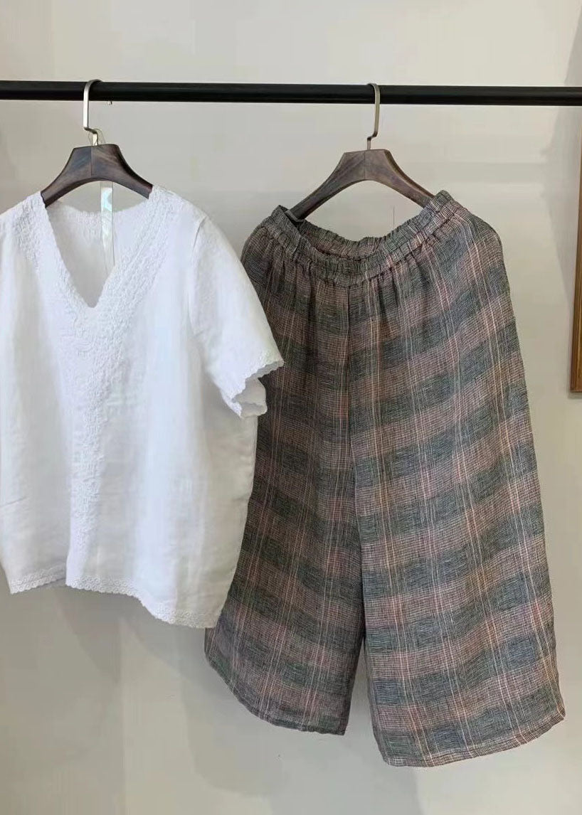 Pants Linen Khaki Harem Plaid Casual Oversized Summer