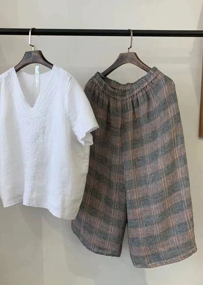 Pants Linen Khaki Harem Plaid Casual Oversized Summer