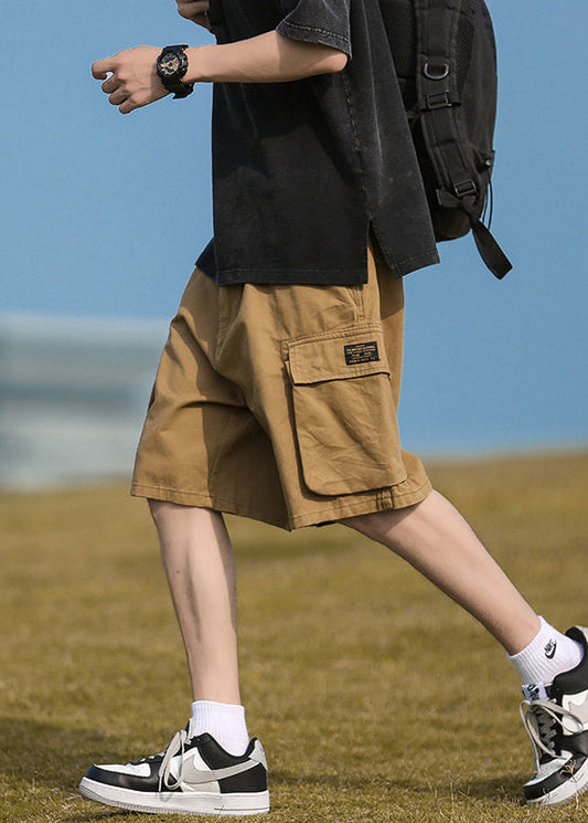 Mens Cotton Elastic Pockets Khaki Summer Waist Casual Shorts