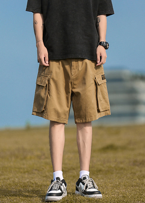 Mens Cotton Elastic Pockets Khaki Summer Waist Casual Shorts