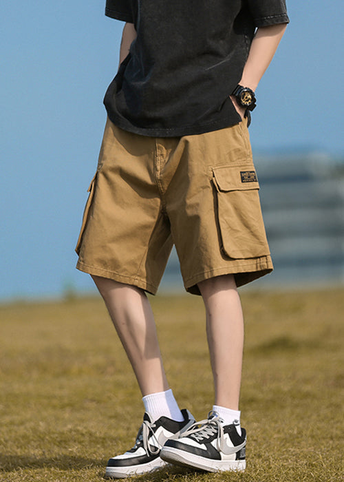 Mens Cotton Elastic Pockets Khaki Summer Waist Casual Shorts