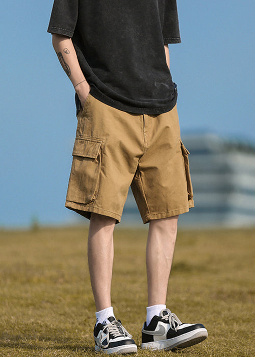 Mens Cotton Elastic Pockets Khaki Summer Waist Casual Shorts