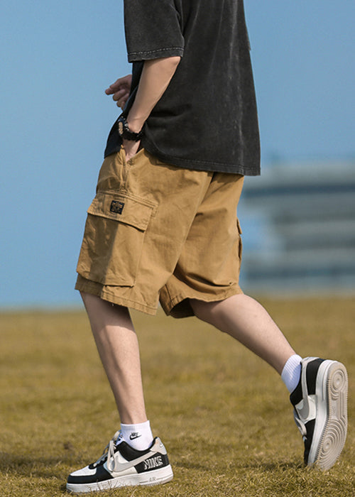 Mens Cotton Elastic Pockets Khaki Summer Waist Casual Shorts