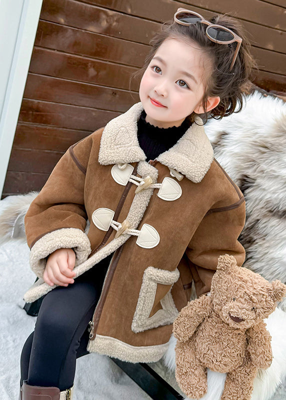 Casual Khaki Pockets Patchwork Thick Warm Fuzzy Wool Lined Girls Coats WinterTG027