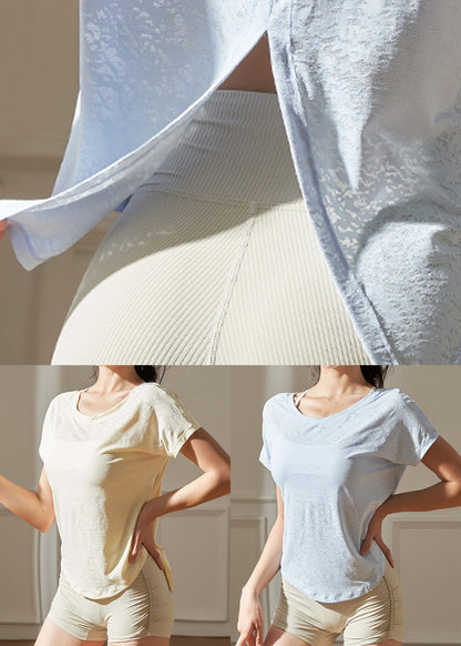 O-Neck Top Short Blue Yoga Casual Sleeve Solid Light