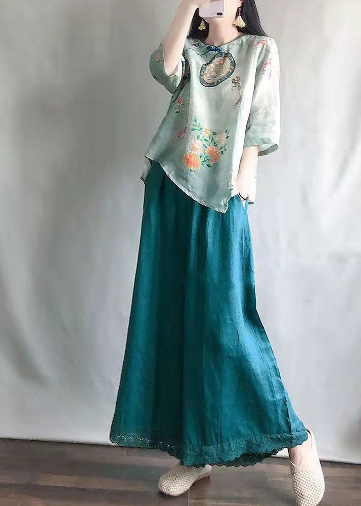 Casual Light Green O-Neck Print Shirts And Maxi Skirts Two Pieces Set Summer VV041