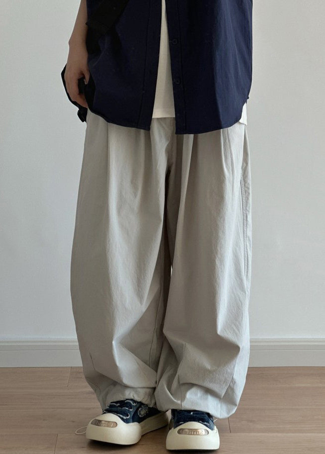 Grey Men Cotton Pants Drawstring Casual Wide Leg Pockets Light