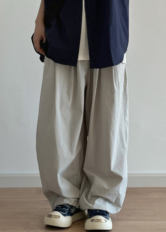 Grey Men Cotton Pants Drawstring Casual Wide Leg Pockets Light