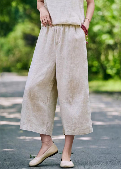 Elastic Waist Linen Pockets Summer Casual Pants Crop