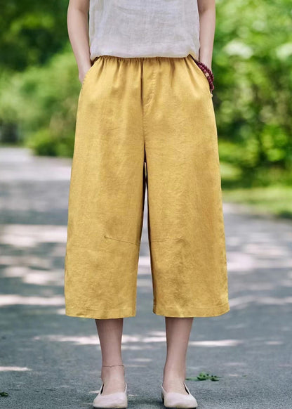 Elastic Waist Linen Pockets Summer Casual Pants Crop