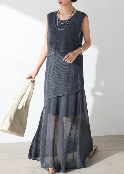 Navy Hollow Sets Out Pieces Sheer Women Sleeveless Tulle Casual 2