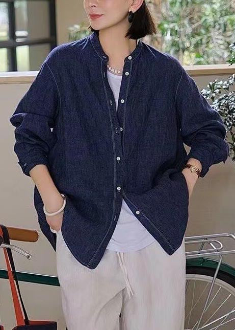 Fall Navy Linen Oversized Top Shirt Casual