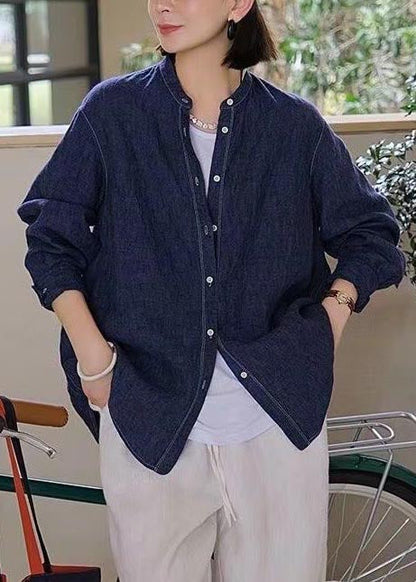 Fall Navy Linen Oversized Top Shirt Casual