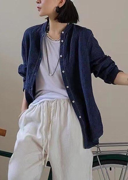 Fall Navy Linen Oversized Top Shirt Casual
