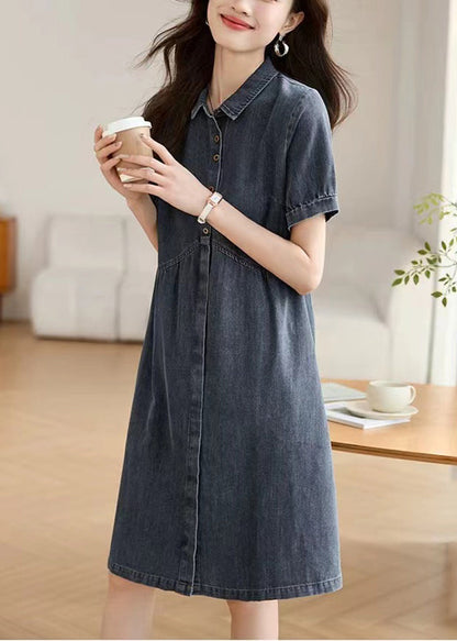 Summer Collar Pan Peter Casual Work Denim Navy Dress