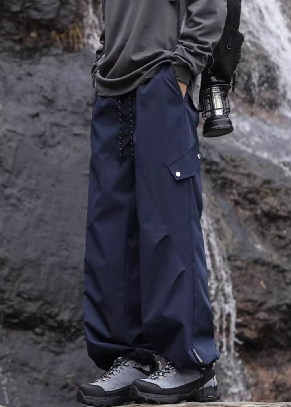 Pockets Navy Casual Lace Waist Elastic Pants Mens Up Cotton