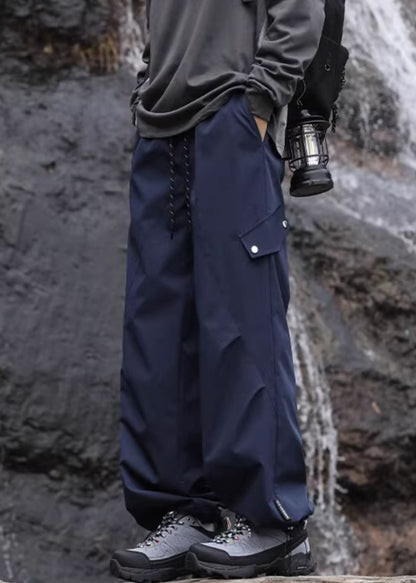 Pockets Navy Casual Lace Waist Elastic Pants Mens Up Cotton